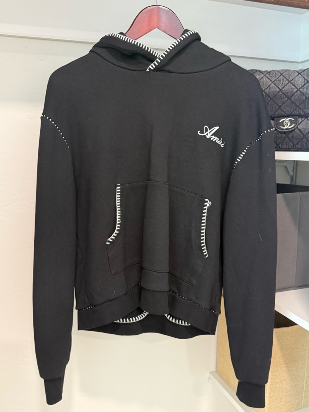AMIRI Black Hoodie with White Stitch Detail